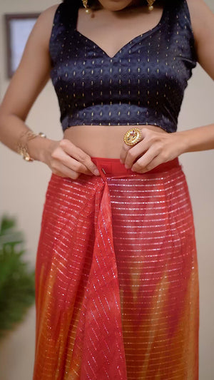 Pink & Orange Striped Zari With Digital Printed Georgette Ready To Wear Saree