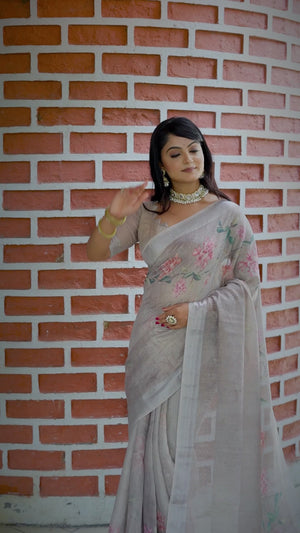 Beautiful Beige Tissue Handloom Saree with Digital Floral Embellishments