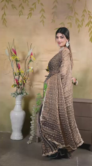 Elegant Dusty Brown Silk Saree Adorned With Floral Sequins Embroidery & Cutwork Zari Border