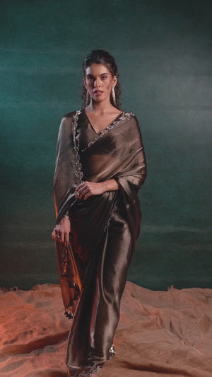 Bronze Brown Party Wear Saree Stone Embellished Tissue Chiffon Fabric