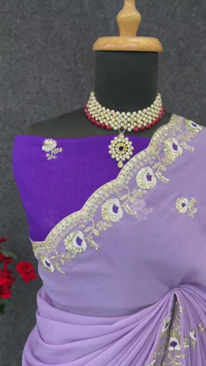 Lavender Georgette Silk Saree With Floral Sequin Embroidery & Graceful Cutwork Detailing Border