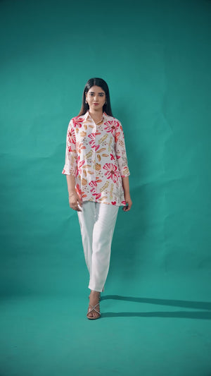 Cream & Pink Floral Printed Muslin Straight Top