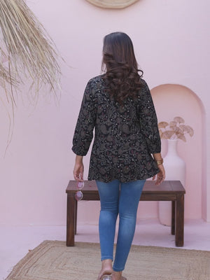 Black Rayon A-Line Top with Elegant Floral Foil Prints