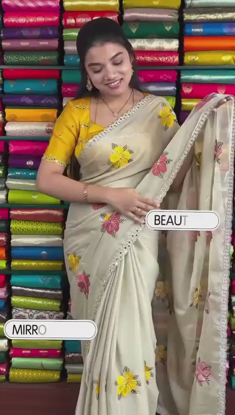 Peachmode Cream Embroidered Silk Blend Saree - Video 2