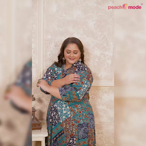 Rama Blue Floral Printed Rayon Long Kurti