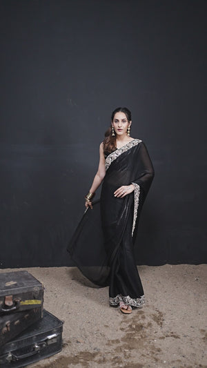 Luxurious Black Solid Satin Silk Saree Adorned With Floral Stone Work Border