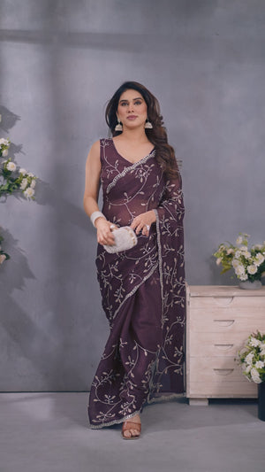 Wine Jimmy Choo Chiffon Saree Adorned with Delicate Floral Sequins Embroidery