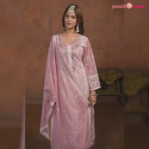 Pink Floral Embroidered Organza Semi Stitched Suit