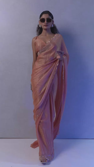 Coral Peach Satin Saree with Glamorous Stone Embellishment