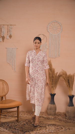 Off White & Wine Floral Printed Pure Cotton Slub Straight Kurti