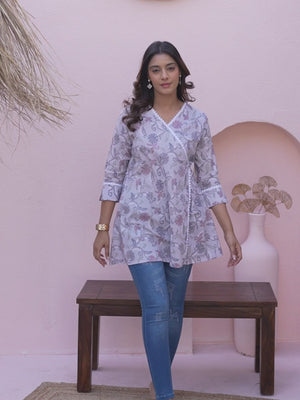 Floral Print Grey Angrakha Style Pure Cotton Top