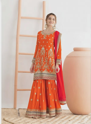 Orange Embroidered Chinon Semi-Stitched Sharara Style Suit