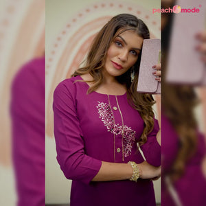 Purple Mirror Embroidered Cotton Blend Kurti