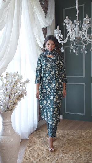 Dark Teal Blue Floral Printed Salwar Suit Adorned With Delicate Sequin Work On Pure Cotton