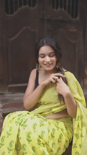 Elegant Yellow Paisley Printed Linen Saree with Striped Border - Video 2