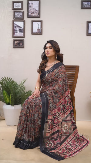 Black Floral Print & Zari Work Moss Satin Saree With Satin Patta