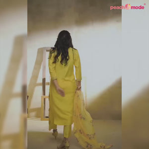 Yellow Floral Embroidered Viscose Suit