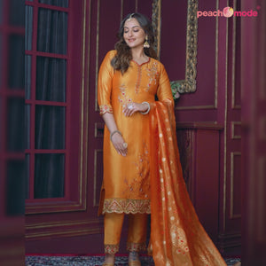Mustard Floral Sequins Embroidered Cotton Silk Suit
