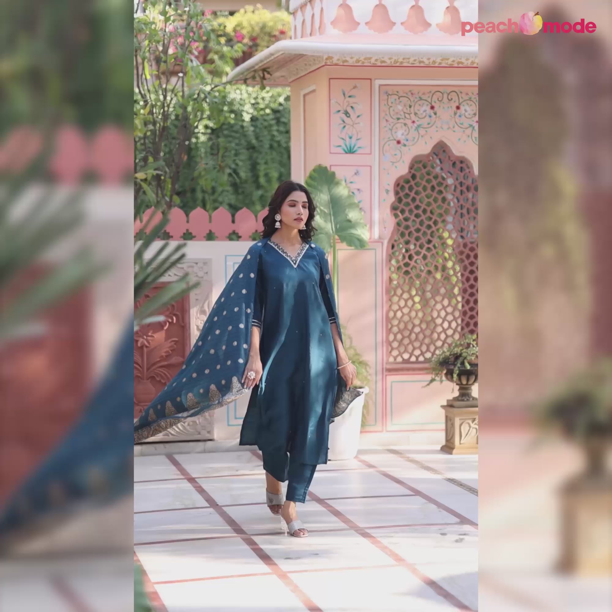 Blue Embroidered Pure Silk Straight Salwar Suit