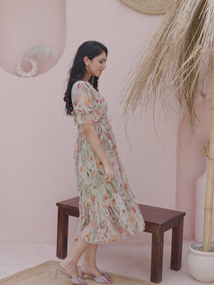 Romantic Pista Green Floral Print Maxi Dress in Sheer Chiffon