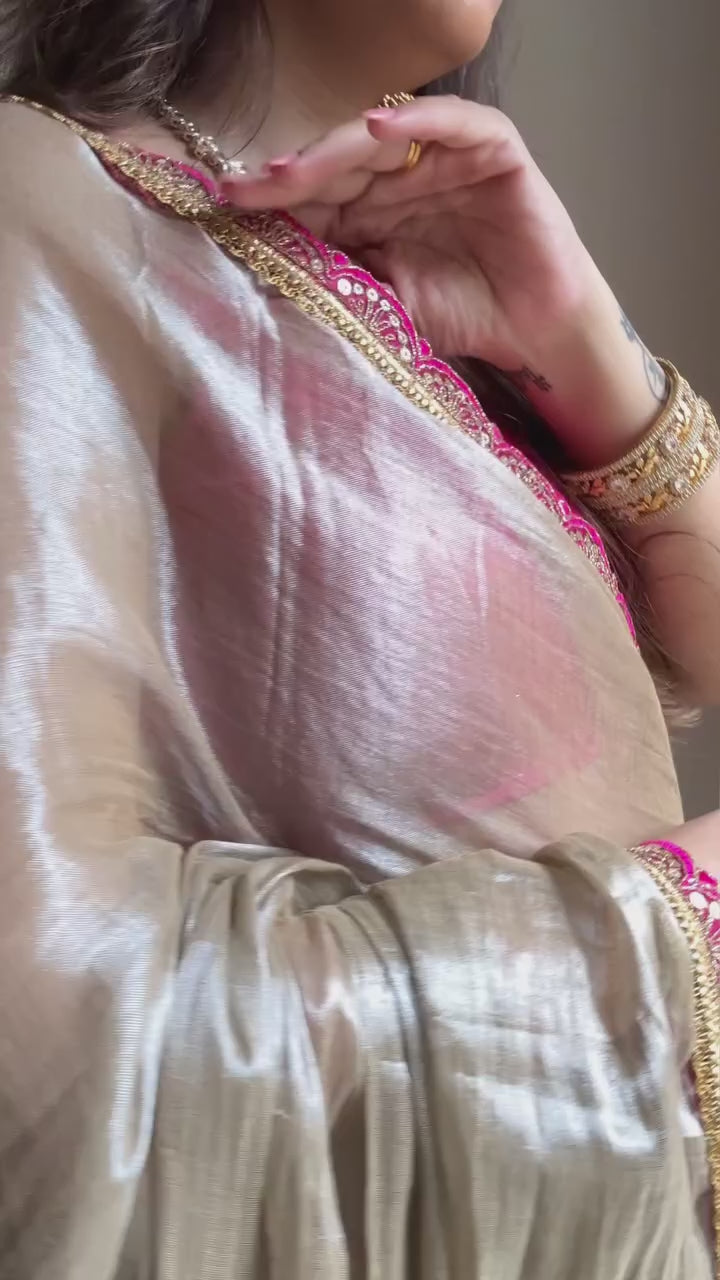 Pastel Grey Sequins Embroidered Jimmy Choo Tissue Saree With Tassels