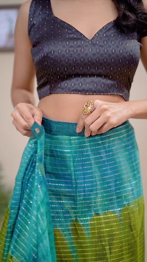 Blue & Green Striped Zari With Digital Printed Georgette Ready To Wear Saree