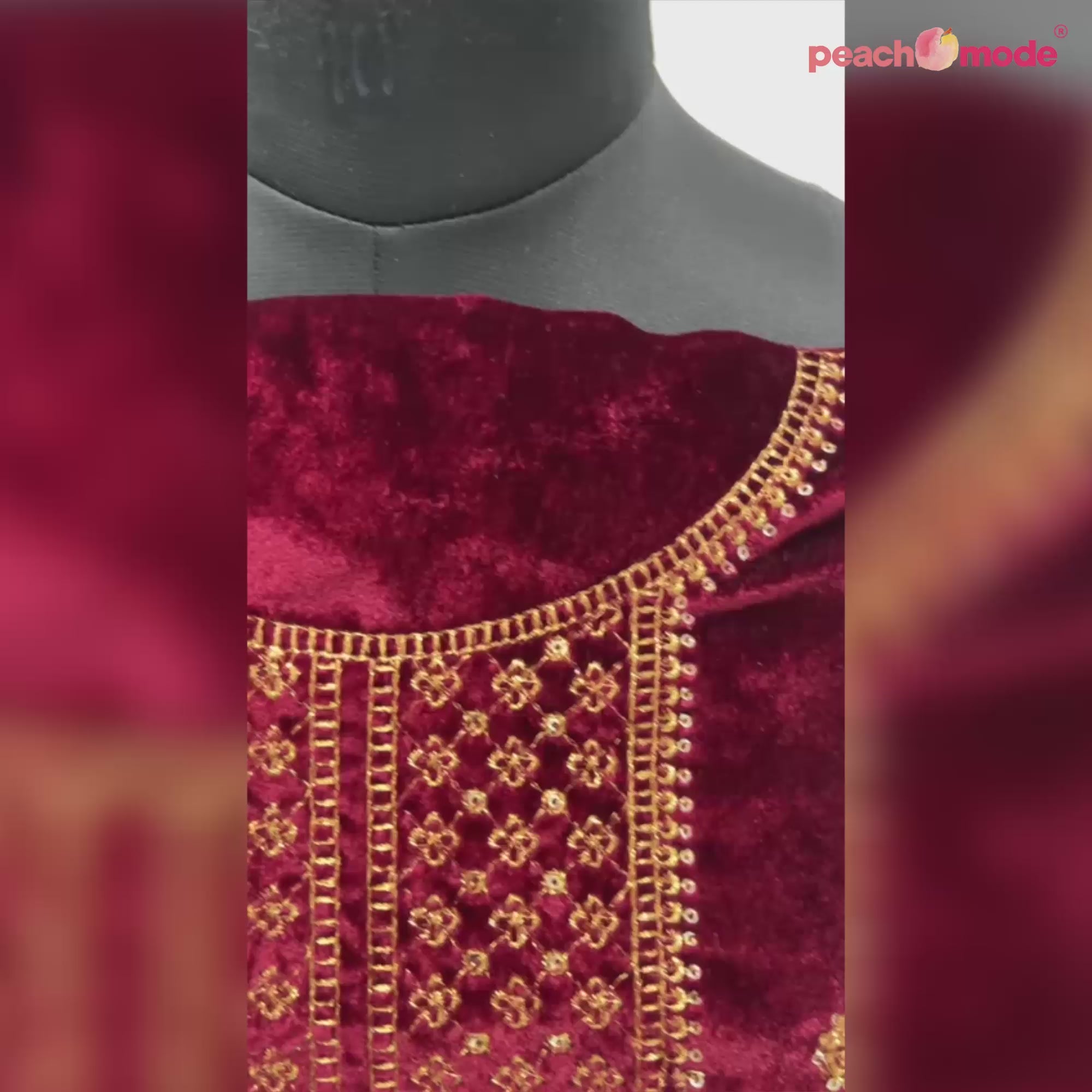 Maroon Floral Embroidered Velvet Semi Stitched Salwar Suit