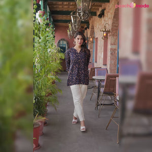 Blue Floral Printed Rayon Straight Top