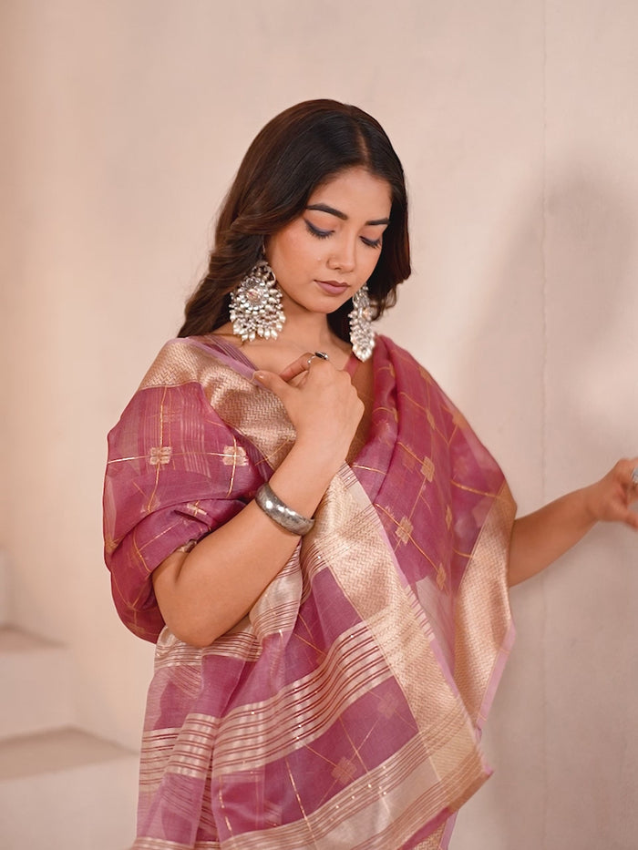 Peachmode Purple Linen Cotton Silk Zari Saree - Video 2