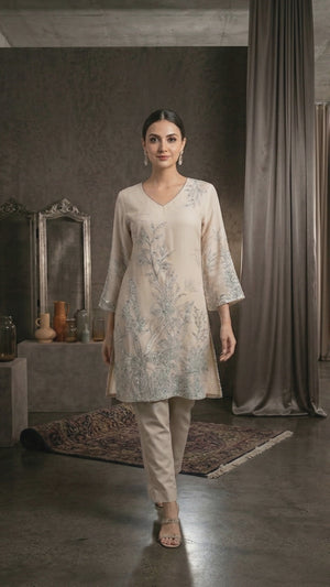 Party Wear Offwhite Floral Printed Cotton Blend Two Piece Set with Elegant Sequin Work