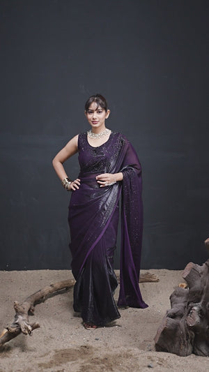 Opulent Dark Purple Stone Work Satin Silk Saree With Hand Cut Dana & Sequin Applic Work