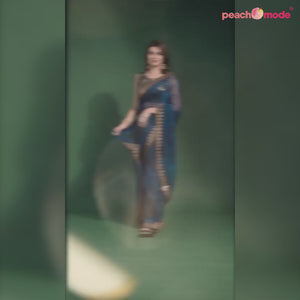 Navy Blue Printed With Sequins Border Chiffon Saree