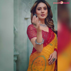 Yellow & Red Bandhani Printed Chiffon Saree