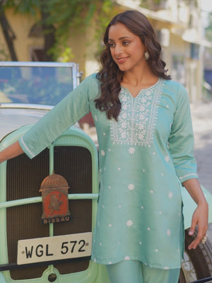 Mint Green Floral Embroidered Viscose Gadwal Silk Top Bottom Set