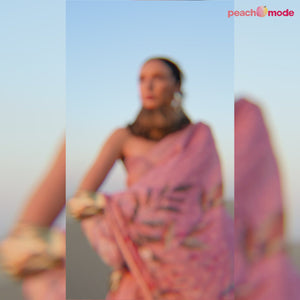 Pink Floral Digital Printed Linen Saree