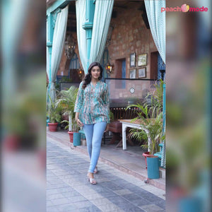 Turquoise Foil Printed Pure Cotton A-Line Top