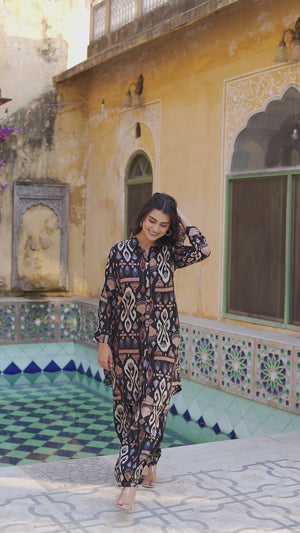 Black Floral Printed Rayon Straight Co-Ord Set