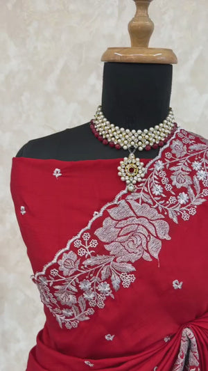 Elegant Red Chinon Chiffon Saree Embellished with Timeless Floral Zari Embroidery