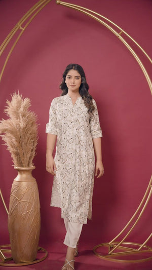 Off White & Green Floral Printed Pure Cotton Slub Straight Kurti