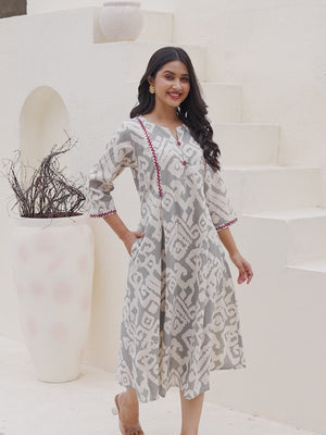 Pure Cotton Grey A-Line Kurti with Ethnic Ikkat Patterns