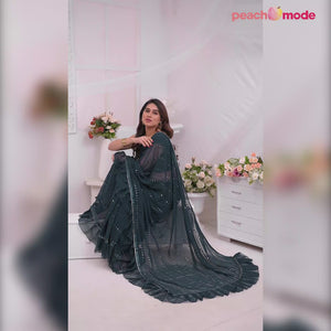 Teal Embroidered Georgette Ruffle Saree