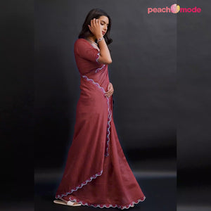 Brown Pearl Work Embroidered Khaadi Saree