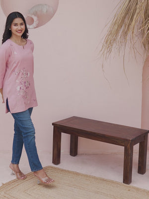 Peach Straight Fit Cotton Top with Intricate Floral Embroidery