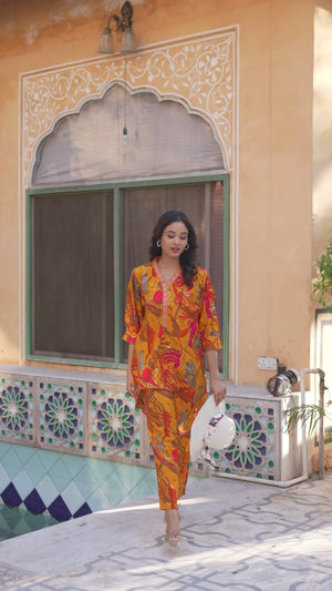 Mustard Floral Printed Rayon A-Line Co-Ord Set