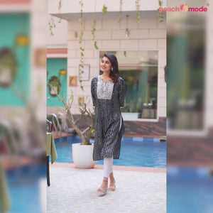 Blue Foil Bandhani Printed With Embroidered Rayon Kurti