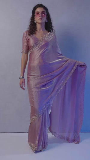 Baby Pink Satin Saree with Glamorous Stone Embellishment