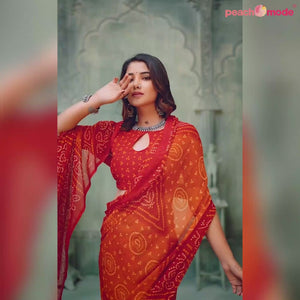 Red & Orange Bandhani Printed Chiffon Saree