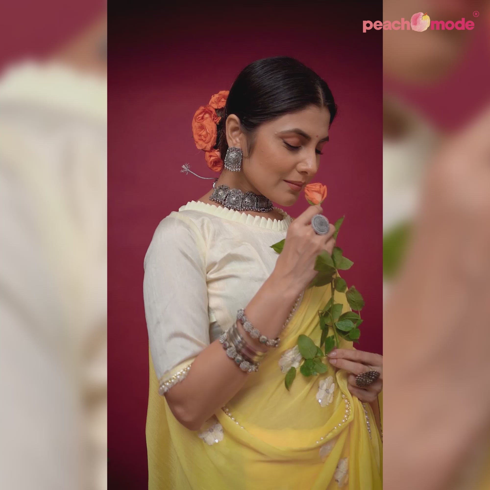 Yellow Floral Embroidered Chiffon Saree