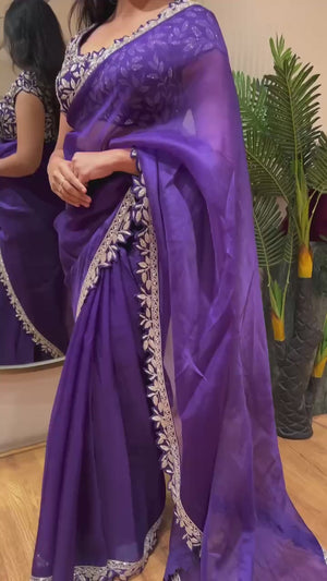 Royal Purple Satin Saree Adorned With Gleaming Sequins Embroidery & Elegant Solid Finish