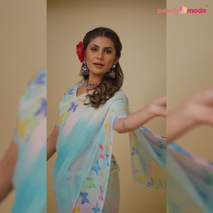 Blue Digital Printed With Sequins Work Georgette Saree